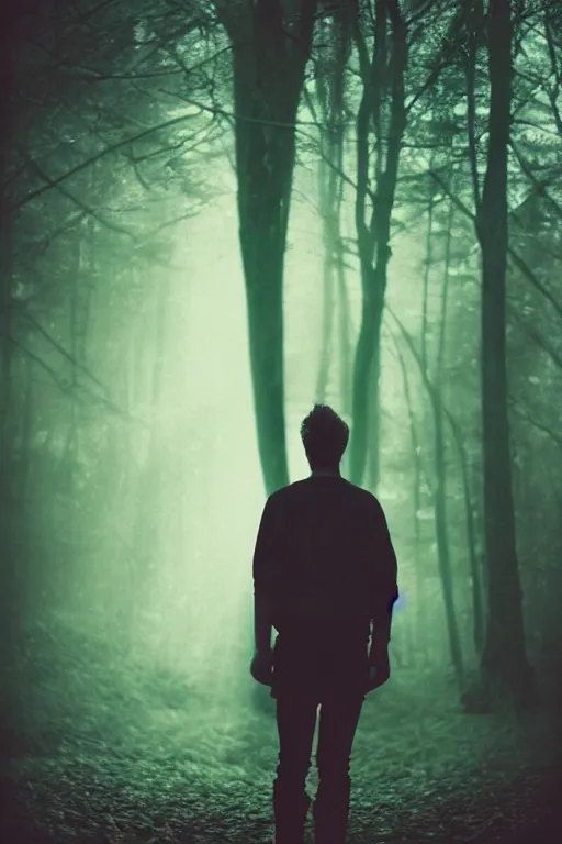 Image similar to square polaroid photo of a guy with standing in a dark fantasy forest, back view, lens flare, moody lighting, moody vibe, telephoto, 9 0 s vibe, blurry background, grain, tranquil, calm, faded!,