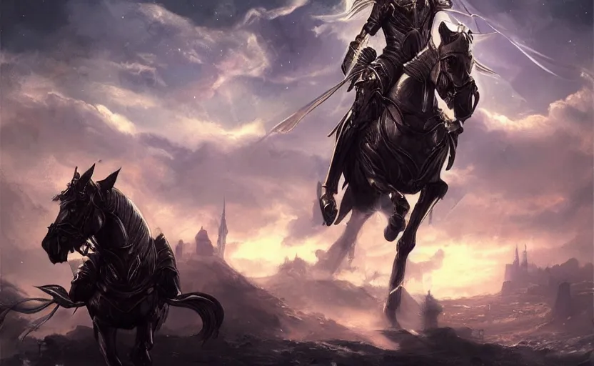 Prompt: knight on horser armor cosmos, world fantasy beautiful castle, auroral lights, realistic artstation
