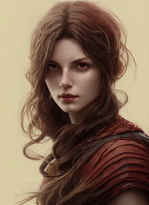 Image similar to vertical portrait of a ruggedly handsome female cleric, soft hair, close - up face, leather, witchy, d & d, fantasy, intricate, elegant, highly detailed, digital painting, artstation, concept art, smooth, sharp focus, illustration, art by artgerm and greg rutkowski and alphonse mucha, plain red background