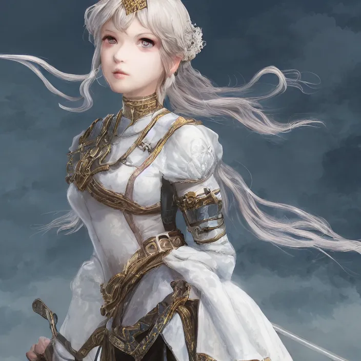 Image similar to character portrait princess of the white herald on an imperial castle, hidari, color page, tankoban, 8 k, tone mapping, akihiko yoshida, cinematic lighting, elegant, digital painting, artstation, haze, sharp focus