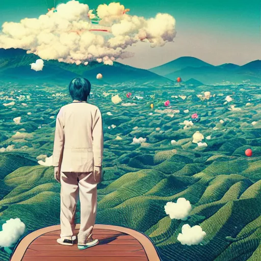 Image similar to a man walking on clouds away from the camera above kyoto by takashi murakami, beeple and james jean, aya takano color style, 4 k, super detailed, modern, 4 k, symmetrical