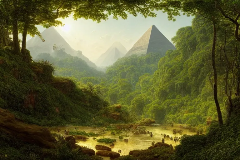 Image similar to a beautiful and highly detailed digital painting of a small pyramid in the distance in an epic lush mountainous jungle, intricate details, epic scale, hyperdetailed, hyperrealism, artstation, cgsociety, 8 k, sharp focus, by caspar friedrich, albert bierstadt, james gurney,