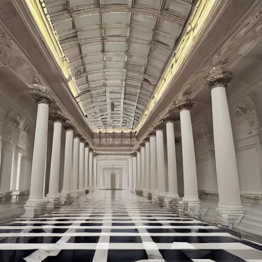 Prompt: grand empty marble museum, architecture, high ceiling, white walls, white floor, ivory, grand lighting, fantasy, ultra - realistic, big halls, ornate