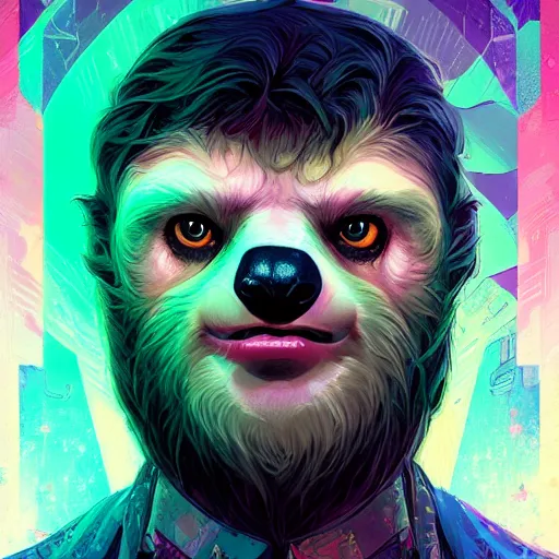 Image similar to sloth as defcon character, digital illustration portrait design, by android jones and greg rutkowski, retrowave color scheme, detailed, cinematic lighting, wide angle action dynamic portrait