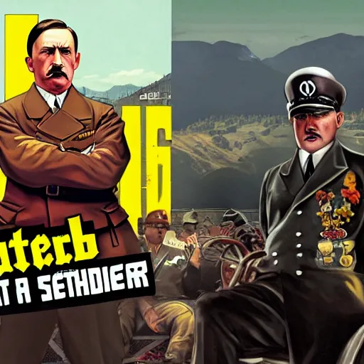 Prompt: adolf hitler on GTA V cover, rockstar games, no text,