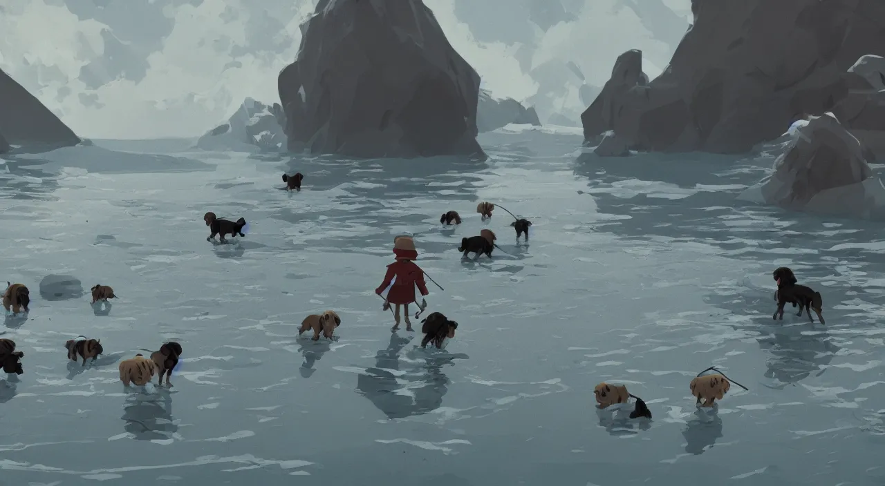 Image similar to havanese dogs dragging arctic explorers by their clothes from the water, 1 9 0 0, tartakovsky, atey ghailan, goro fujita, studio ghibli, rim light, scary, afternoon lighting, clear focus, very coherent