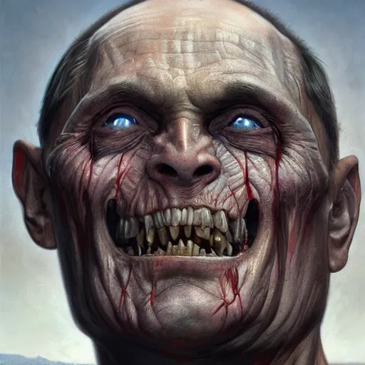 Prompt: vladimir putin, is orc, rotten tooth, horror, macabre by donato giancola and greg rutkowski and wayne barlow and zdzisław beksinski, realistic face, digital art