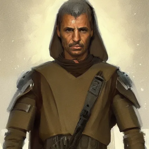 Image similar to portrait of a man by greg rutkowski, a jedi commander, arabian features and olive skin, long black hair, wise appearance, wearing the tactical gear of the galactic alliance, star wars expanded universe, he is about 4 0 years old, highly detailed portrait, digital painting, artstation, concept art, smooth, sharp foccus ilustration, artstation hq