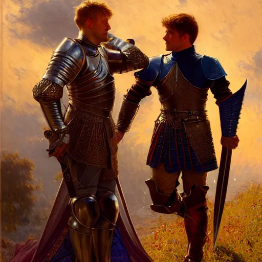 Image similar to attractive arthur pendragon and his attractive male knight, they are in love, natural lighting, path traced, highly detailed, high quality, digital painting, by gaston bussiere, craig mullins, alphonse mucha j. c. leyendecker