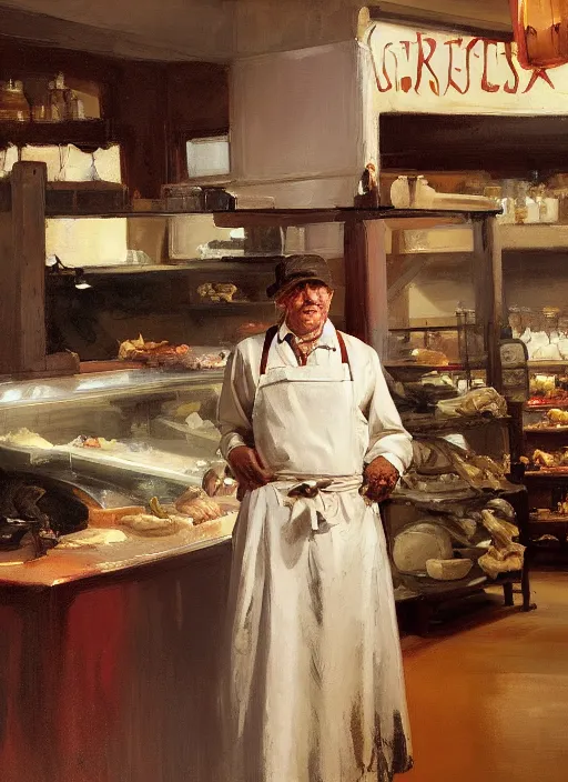 Prompt: portrait of a old butcher, bloodstained apron, at a butcher shop, dramatic lighting, dimly lit, medium view, asymmetrical, intricate, elegant, matte painting, by james gilleard and sargent and leyendecker and greg manchess