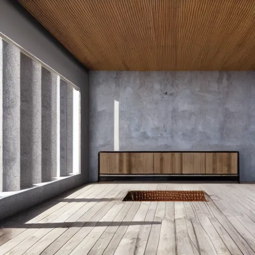 Prompt: hyper realistic one point perspective of living room, wood, concrete, brick