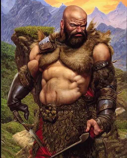 Prompt: a bald warrior male dwarf with long brown beard in a mountainous landscape, art by mark brooks, jason edmiston, glenn fabry