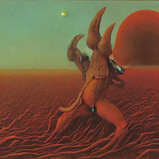 Prompt: Zdzisław Beksiński painting of the battle of mars