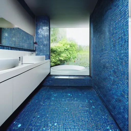 Prompt: a futuristic bathroom with walls and floor made of blue granite tiles. There is a small swimming pool on the floor.