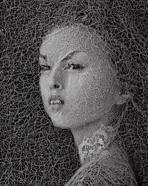 Image similar to a woman's face in profile, made of intricate lace leaves, in the style of the dutch masters and gregory crewdson, dark and moody