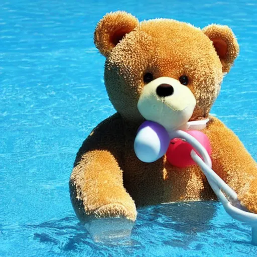 Prompt: teddy bear playing in pool