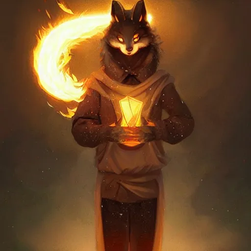 Prompt: male kitsune furry with dark fur, carries a tome, surrounded by floating fire orbs, shortsword, charismatic, young, dark clothing, elegant, digital illustration, detailed, intricate, sharp focus, digital painting, deep focus, digital painting, artstation, concept art, matte, art by artgerm and greg rutkowski and alphonse mucha