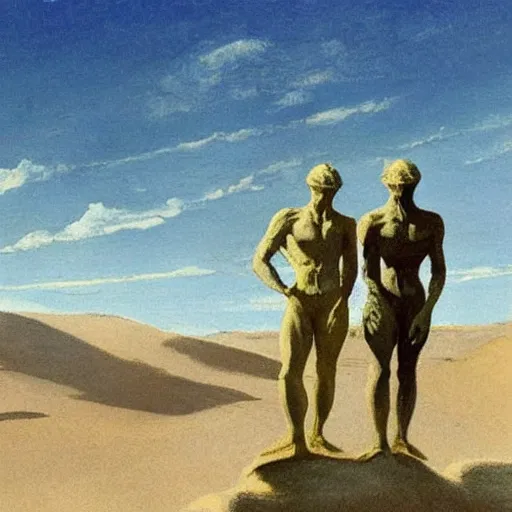 Prompt: a desert landscape on planet mars, two figures standing in the dunes, painted by frank frazetta