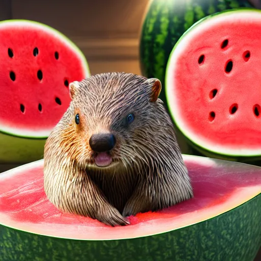 Image similar to a realistic photograph of a beaver spitting watermelon seeds into a bucket, detailed, glow, 8k, hyper-realsim