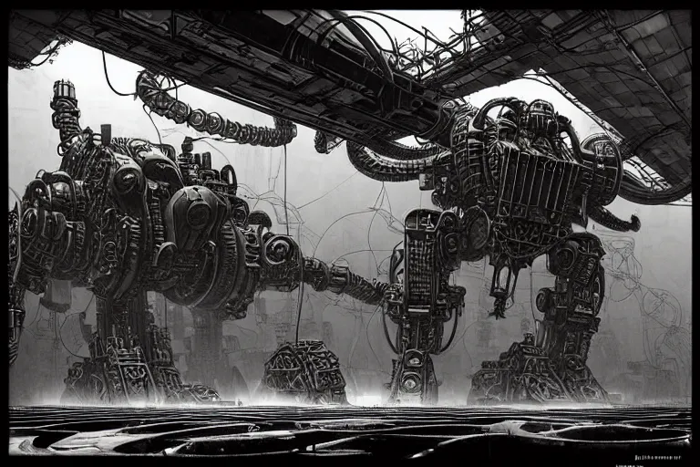 Image similar to dieselpunk mechs that look like Dragonfly, inside an gigantic underground concrete doom hangar, interior structure, drains, storm drains, jungle, vines, algea, cables, panels, walls, ceiling, floor, doors, brutalist architecture, intricate ink drawing, highly detailed in the style of Ashley Wood, moebius and Tsutomu Nihei, photorealistic, cinematic, intricate detail, well lit,