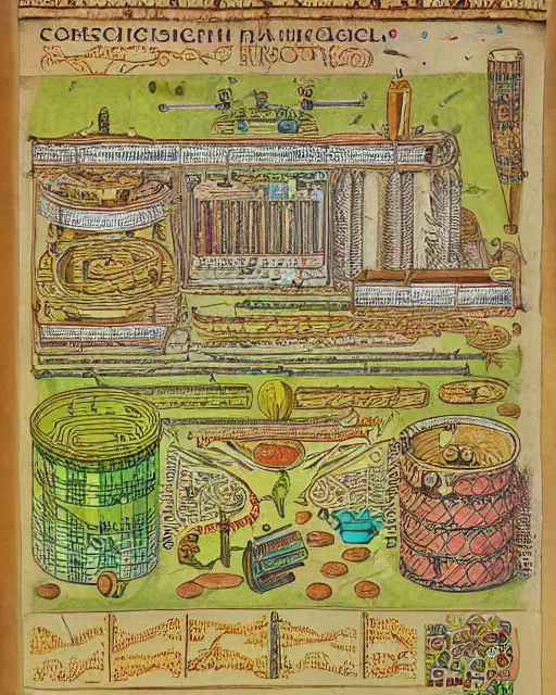 Image similar to page of the ancient codex seraphinianus with an isometric diagram explaining how the cereal factory crams all that graham into golden grahams cereal. highly - detailed infographic.