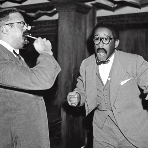 Image similar to cinematic shot of teddy roosevelt and urkel in the bar, yelling at each other