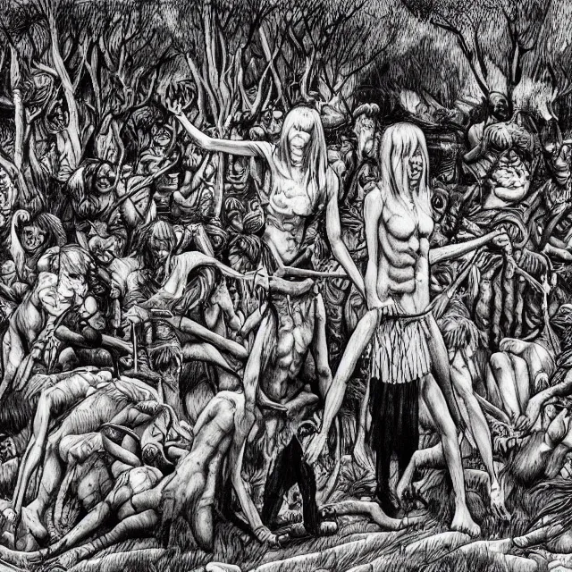 Prompt: a painting of a stone age funeral by junji ito, dark fantasy art, high detail, trending on artstation