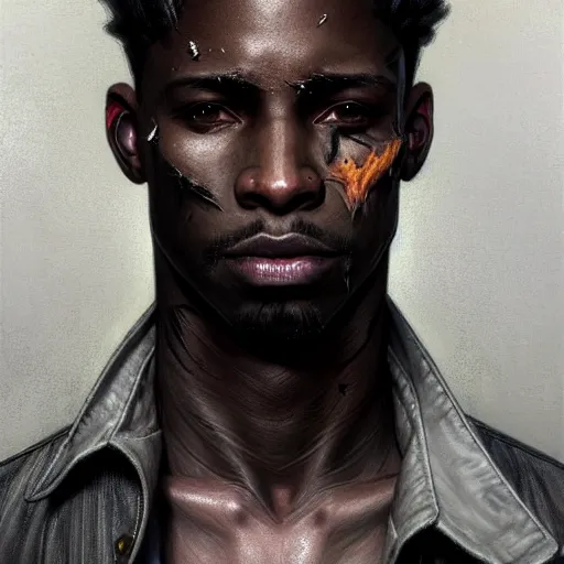 Image similar to portrait painting of a beautiful black man with blade scars and cropped hair wearing a tattered grey coat, ultra realistic, concept art, intricate details, eerie, highly detailed, photorealistic, octane render, 8 k, unreal engine. art by artgerm and greg rutkowski and charlie bowater and magali villeneuve and alphonse mucha