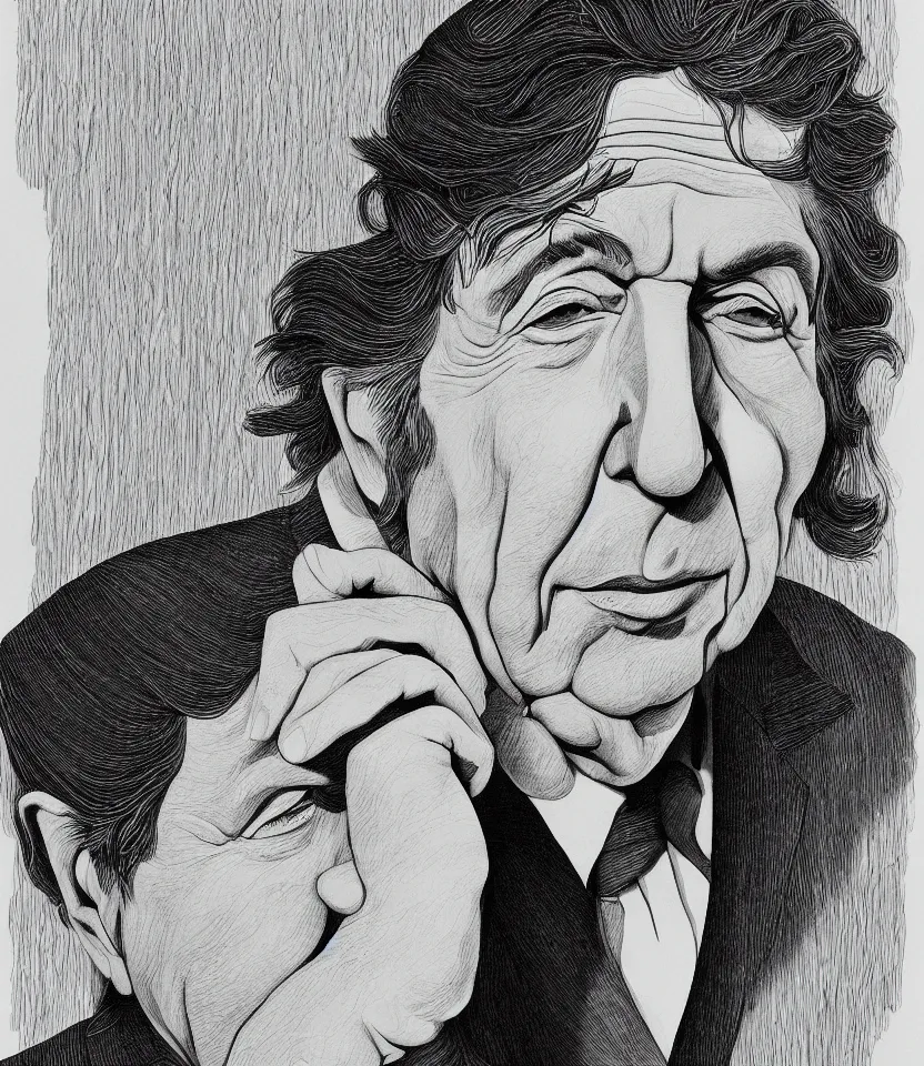 Prompt: detailed line art portrait of leonard cohen. caricatural, minimalist, bold contour lines, musicality, soft twirls curls and curves, confident personality, raw emotion