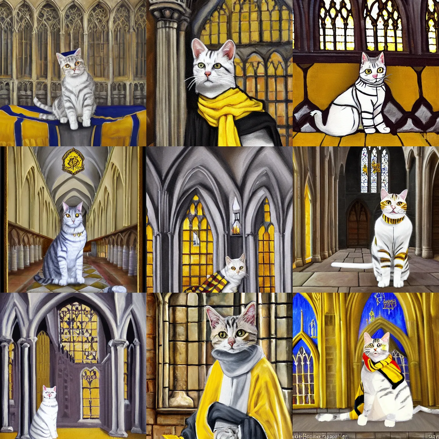 Prompt: oil painting extreme wide shot of a white and grey tabby cat wearing hogwarts robes lined with yellow silk, & a hufflepuff scarf, in the Gloucester Cathedral cloisters, realistic, in the style of Harry Potter