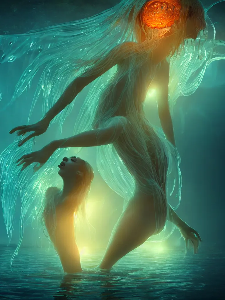 Prompt: cinematic of a beautiful amphibious female alien floating in organic fluid, big eyes, translucent skin, beautiful body, gills, fins, bioluminescent details, jellyfish tentacles, bioluminescence, magical mood, beautiful light, exquisite details, octane render,