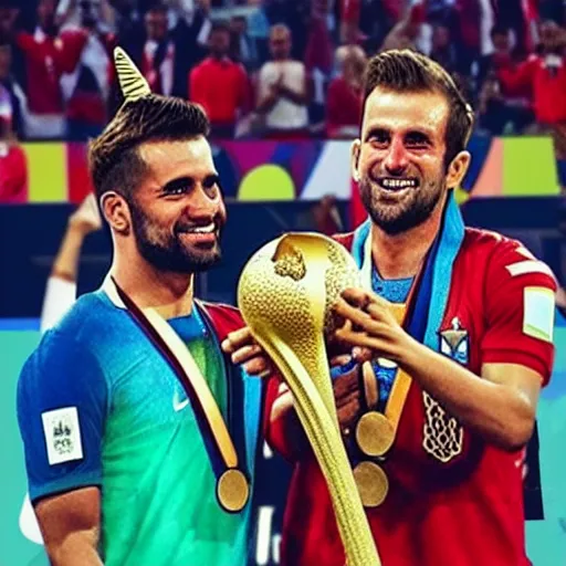 Prompt: Two Unicorns celebrating lifting the FIFA World Cup trophy