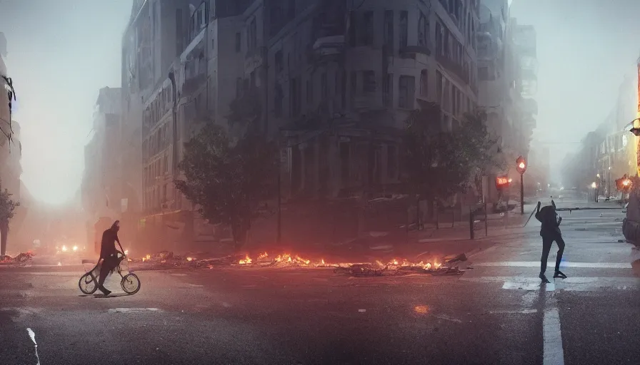 Image similar to bearded man crossing streets of destroyed washington dc city, evening, blackout, fire in barrels, food storage, hyperdetailed, artstation, cgsociety, 8 k