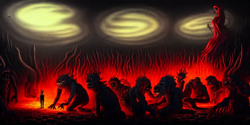 Image similar to repressed emotion creatures and monsters at the mouth of hell, dramatic lighting glow from giant fire, attempting to escape and start a revolution, in a dark surreal painting by ronny khalil