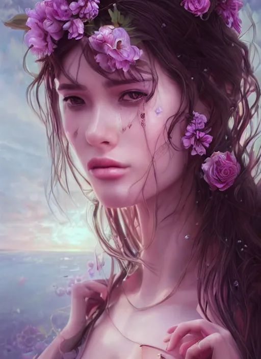 Image similar to beautiful, young woman, extremely detailed gorgeous face, looks realistic, hyper-detailed portrait, sad eyes tears, vaporwave aesthetic, synthwave, magical, fantasy, flowers, artist Artgerm i and WLOP