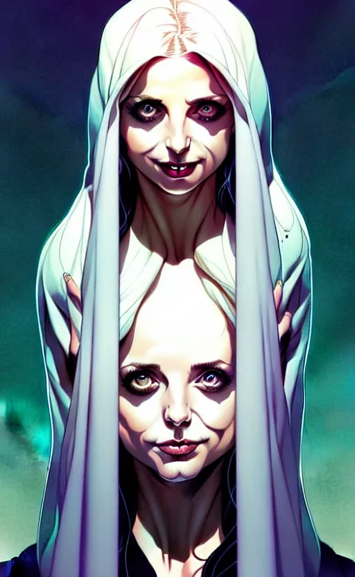 Image similar to artgerm, joshua middleton comic cover art, pretty ghost sarah michelle gellar full body, floating, creepy smile, friendly, symmetrical eyes, symmetrical face, long white hair, inside haunted house