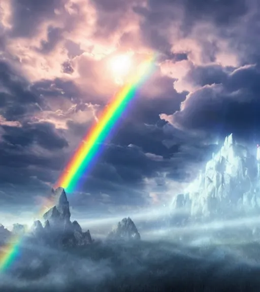 Image similar to celestial crosshairs across the land and sky, majestic light, octane render, beauty fog, ethereal glare of the sun, raining rainbow, volumetric lighting, hyperealistic, epic, masterpiece