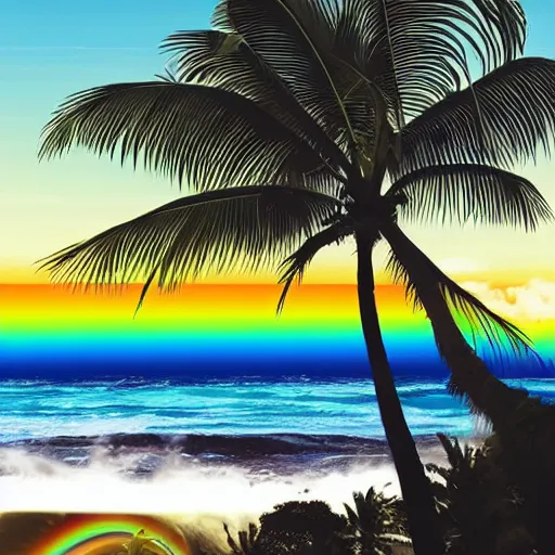 Image similar to miracle musical Hawaii part ii album cover, showing an ocean in the background, spiral transparent stairs on the left with tall palm trees behind it, a slight rainbow in the background, white outline border, moon in the right top area black and white except for the rainbow album cover