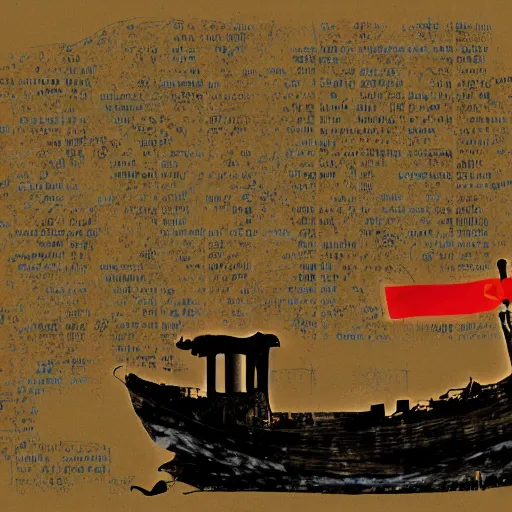 Image similar to an abandoned ship in the aral sea, in the style of daniel johnston and outsider art, 8 k, line brush, overlaid with chinese adverts