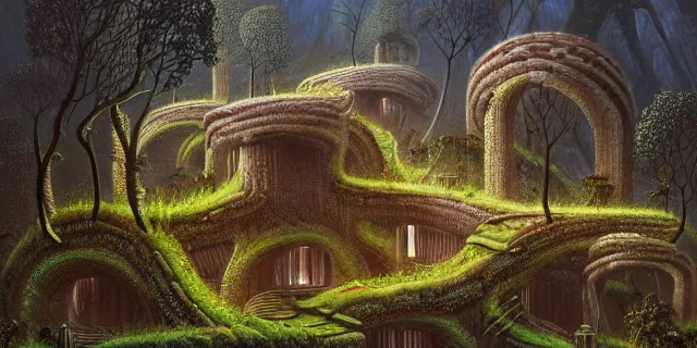 Image similar to painting obsidian rock fortress covered in vines from bladerunner by tomasz alen kopera and cornelius dammrich with futuristic neolithic watermill home by eddie jones and simon stahlenhag
