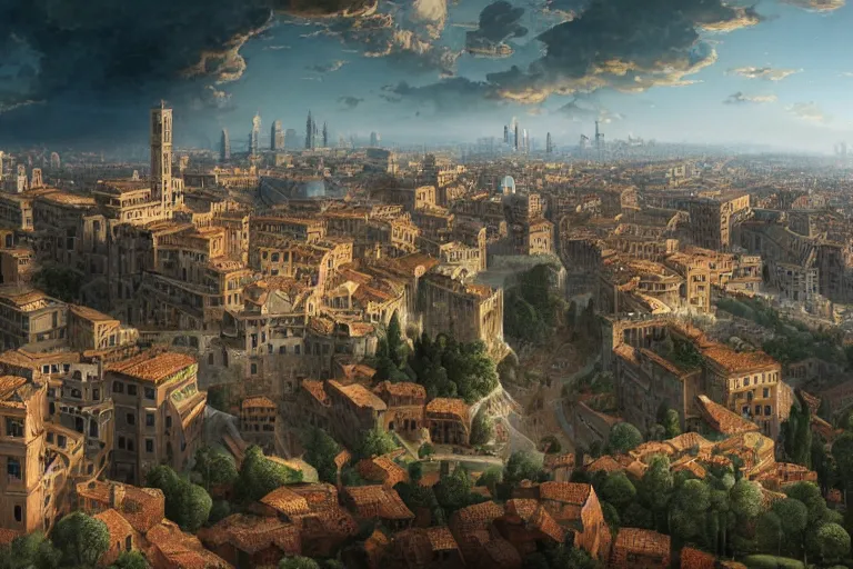 Prompt: an ultra detailed matte landscape painting of an italian renaissance capital city built on top of a large hill with many tall spirally towers, sweeping vista, italian renaissance architecture, ultrawide lens, aerial photography, 8 k, volumetric lighting, smooth, highly detailed, digital illustration, art by greg rutkowski and akira toriyama and artgerm