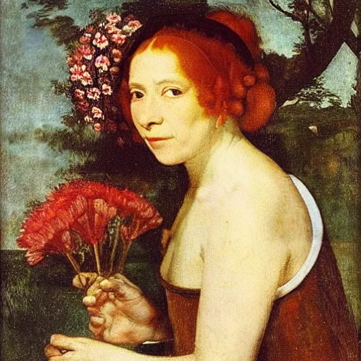 Prompt: “portrait of a redhair women with flowers over her head and a white dress, diego velazquez style, sharp focus, detailed”