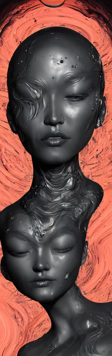 Prompt: epic illustration in style of akemi ota, akira yasuda, digital abstract sculpt of beautiful female face and black swirling concrete acrylic portrait, black latex sculpt, close up portrait, mechanical superstructure, sacred geometry, glowing edges, magic hour, beautiful light, sculpture of carving marble, clockwork, epic matte painting, concept art, bokeh, digital painting, artstation