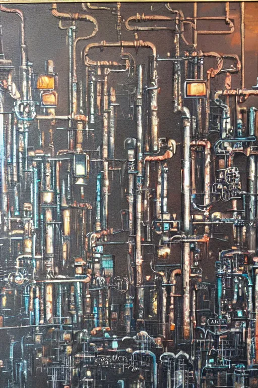 Image similar to oil painting, extra long-vie, hight detailed, thousand small melting industrial pipes, in style of 80s sci-fi art