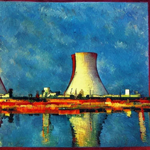 Image similar to nuclear power station in the style of Cezanne