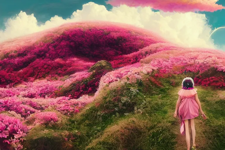 Prompt: giant dahlia flower crown on head, girl walking on mountain, surreal photography, pink storm clouds, dramatic light, impressionist painting, digital painting, artstation, simon stalenhag