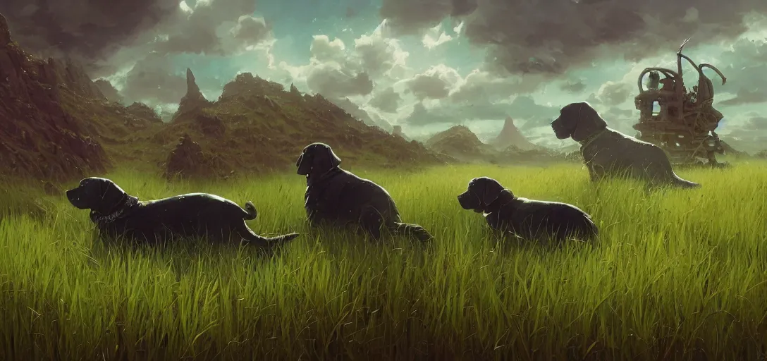 Prompt: tribal aliens riding massive green labrador retrievers with shaggy green fur through a lush sea of grass, fantasy art by greg rutkowski, loish, rhads, ferdinand knab, makoto shinkai and lois van baarle, ilya kuvshinov, rossdraws, tom bagshaw, global illumination, radiant light, detailed and intricate environment