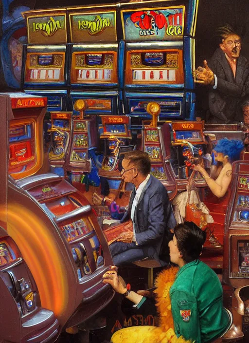 Prompt: a realistic detailed painting of a man in agony playing the slot machines in las vegas in the style of francis bacon, surreal forest, norman rockwell and james jean, greg hildebrandt, and mark brooks, triadic color scheme, by greg rutkowski, in the style of francis bacon and syd mead and edward hopper and norman rockwell and beksinski, dark surrealism, open ceiling