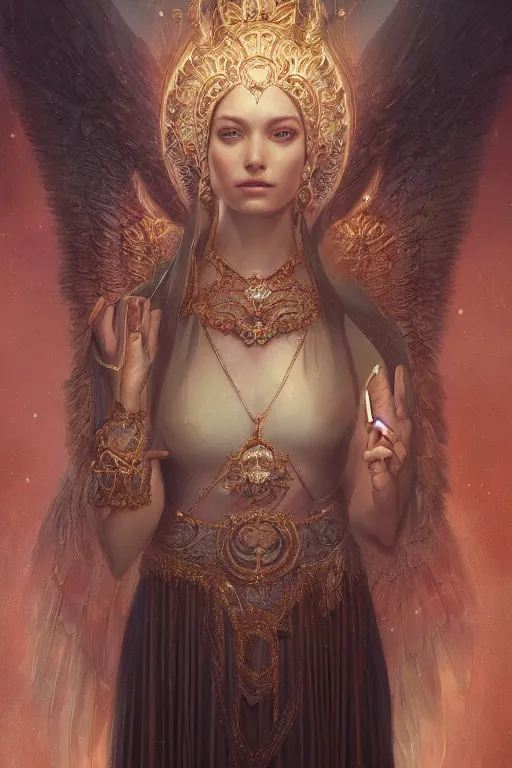 Prompt: A beautiful digital painting of a female Seraphim, intricate jewels, princess, intricate, cinematic lighting, highly detailed, digital painting, Artstation, concept art, smooth, sharp focus, illustration, art by Tom Bagshaw, Artgerm and Greg Rutkowski