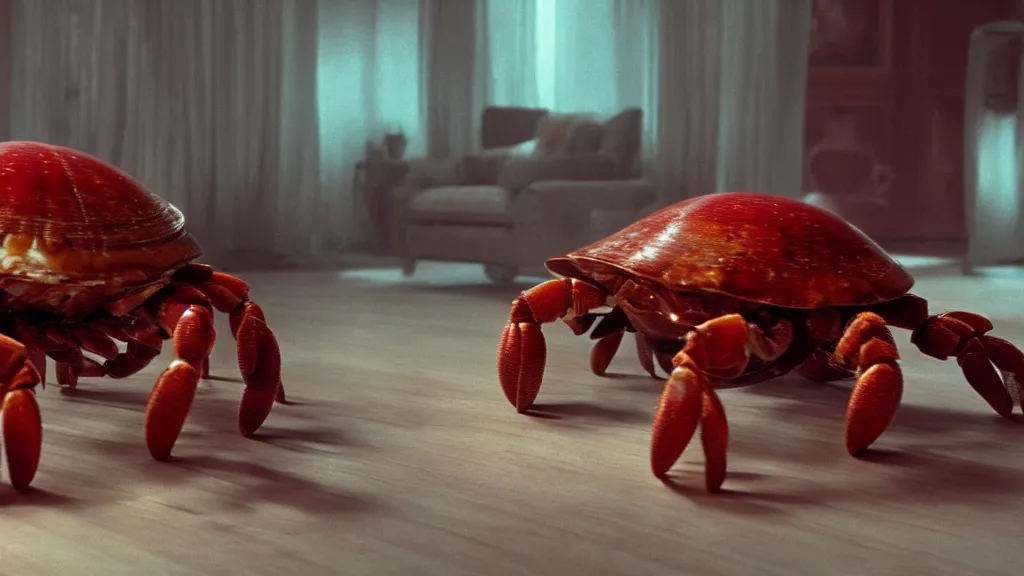 Image similar to a giant hermit crab made of blood and fire floats through the living room, film still from the movie directed by Denis Villeneuve with art direction by Salvador Dalí, wide lens